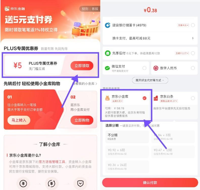 京东PLUS领5亓小金库支付券